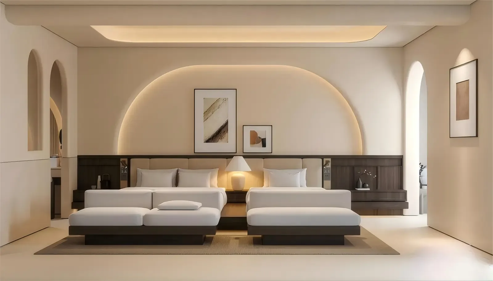 Wood veneer hotel headboards coordinating with room finishes