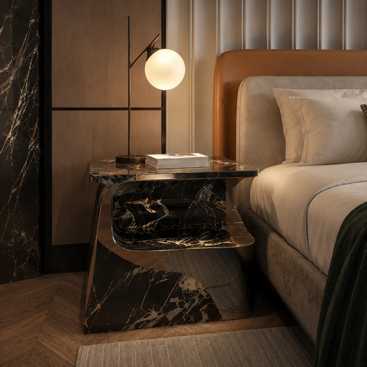Mixed-material construction combining wood, upholstery, and metal