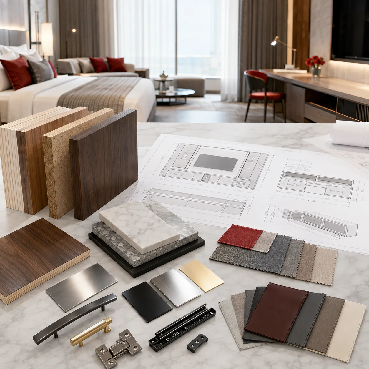Detailed view of custom hotel casegoods engineering and joinery