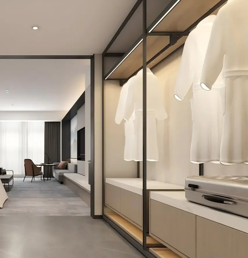 Hotel storage zone with wardrobe and minibar cabinet