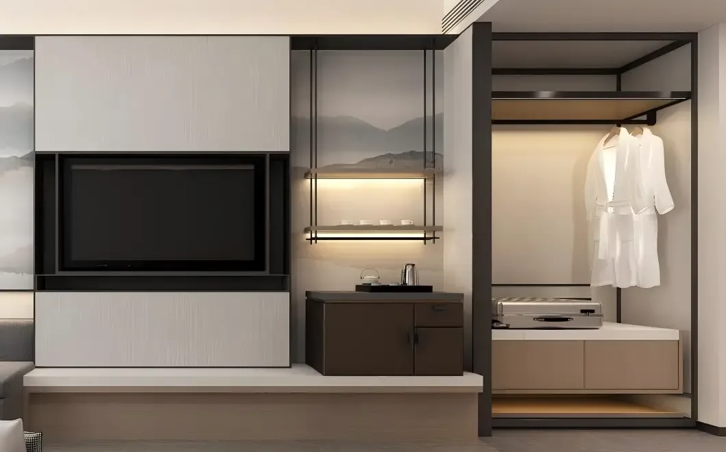 Exploded diagram view of an open hotel wardrobe interior zones
