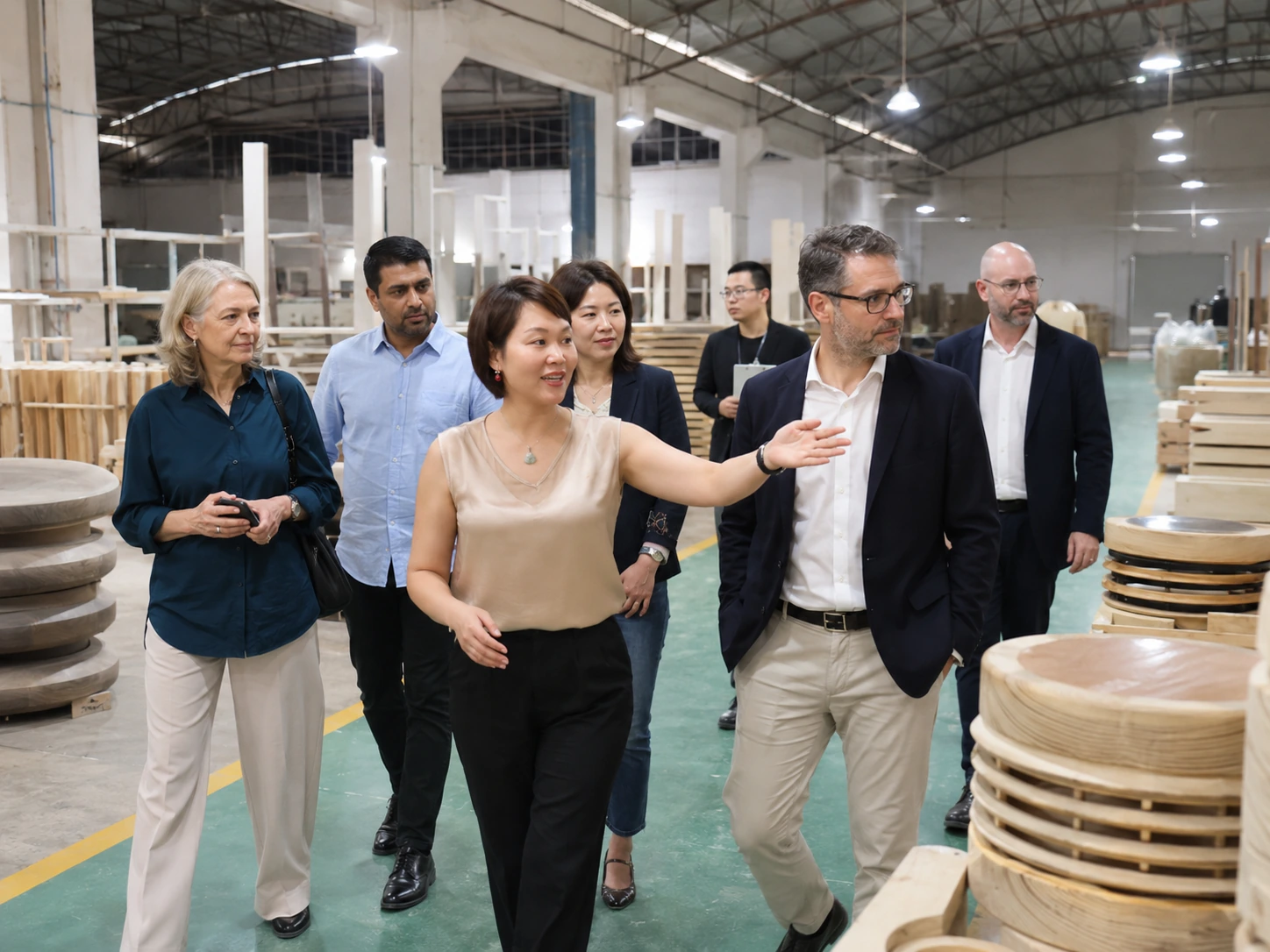 Clients inspecting custom hotel casegoods in factory