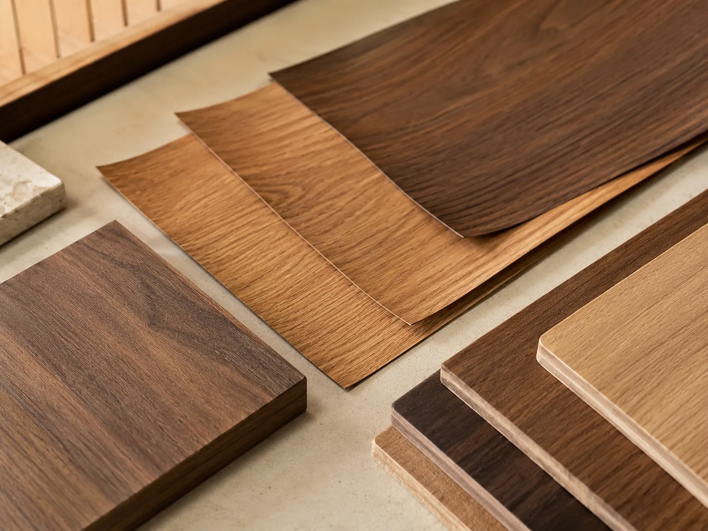 Wood and veneer samples for hotel furniture
