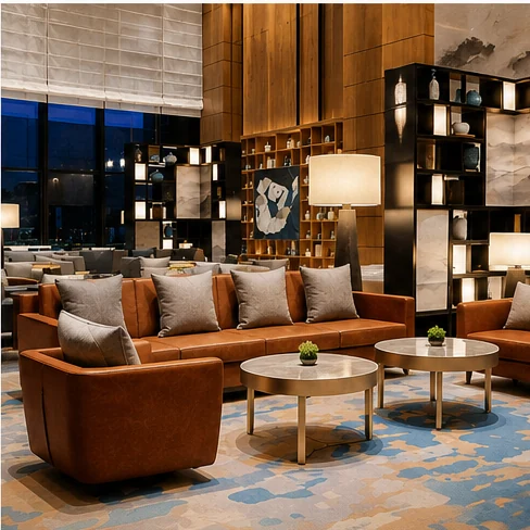 Hotel lobby chairs in reception area