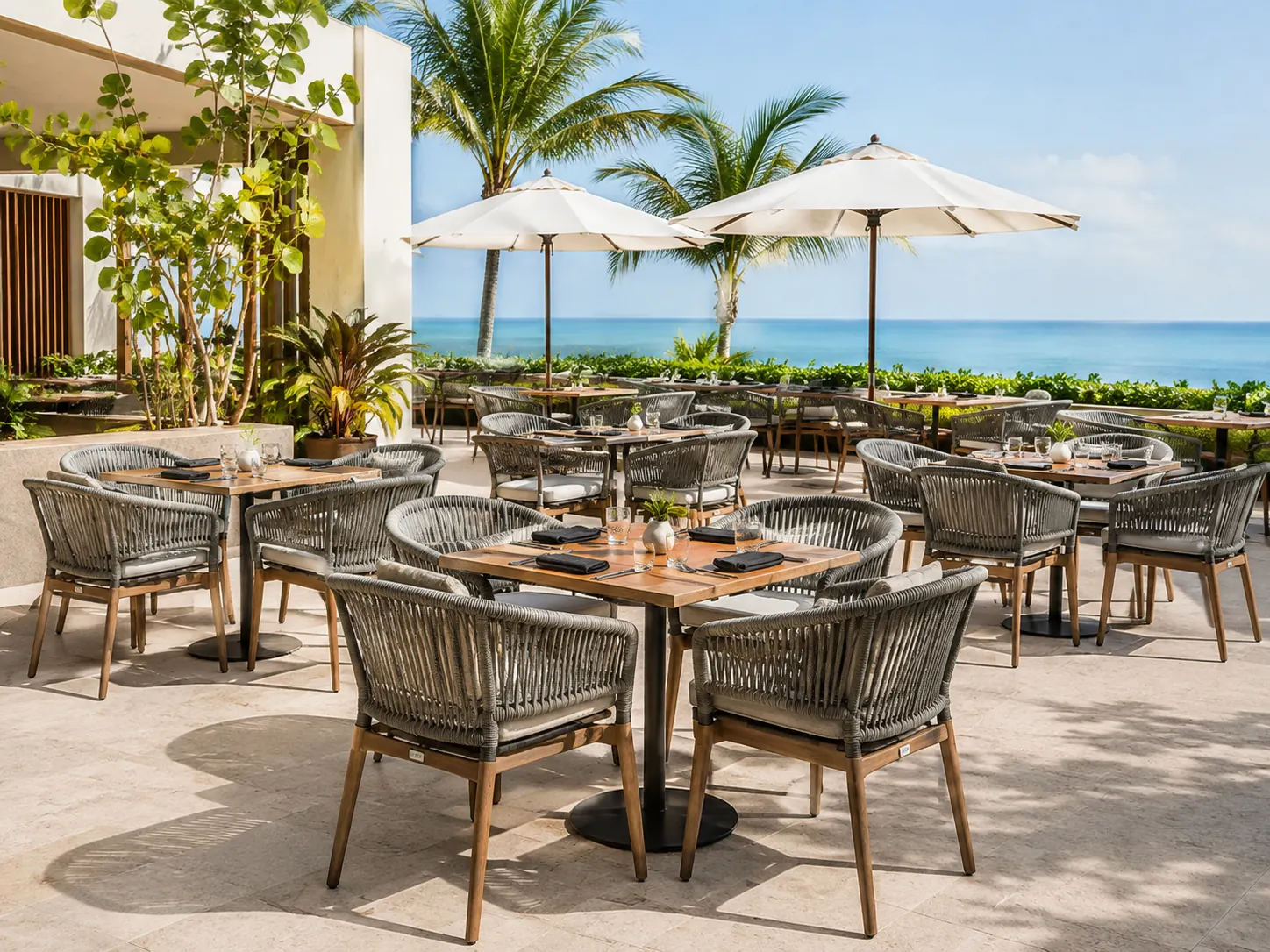 Hotel outdoor chairs on resort terrace
