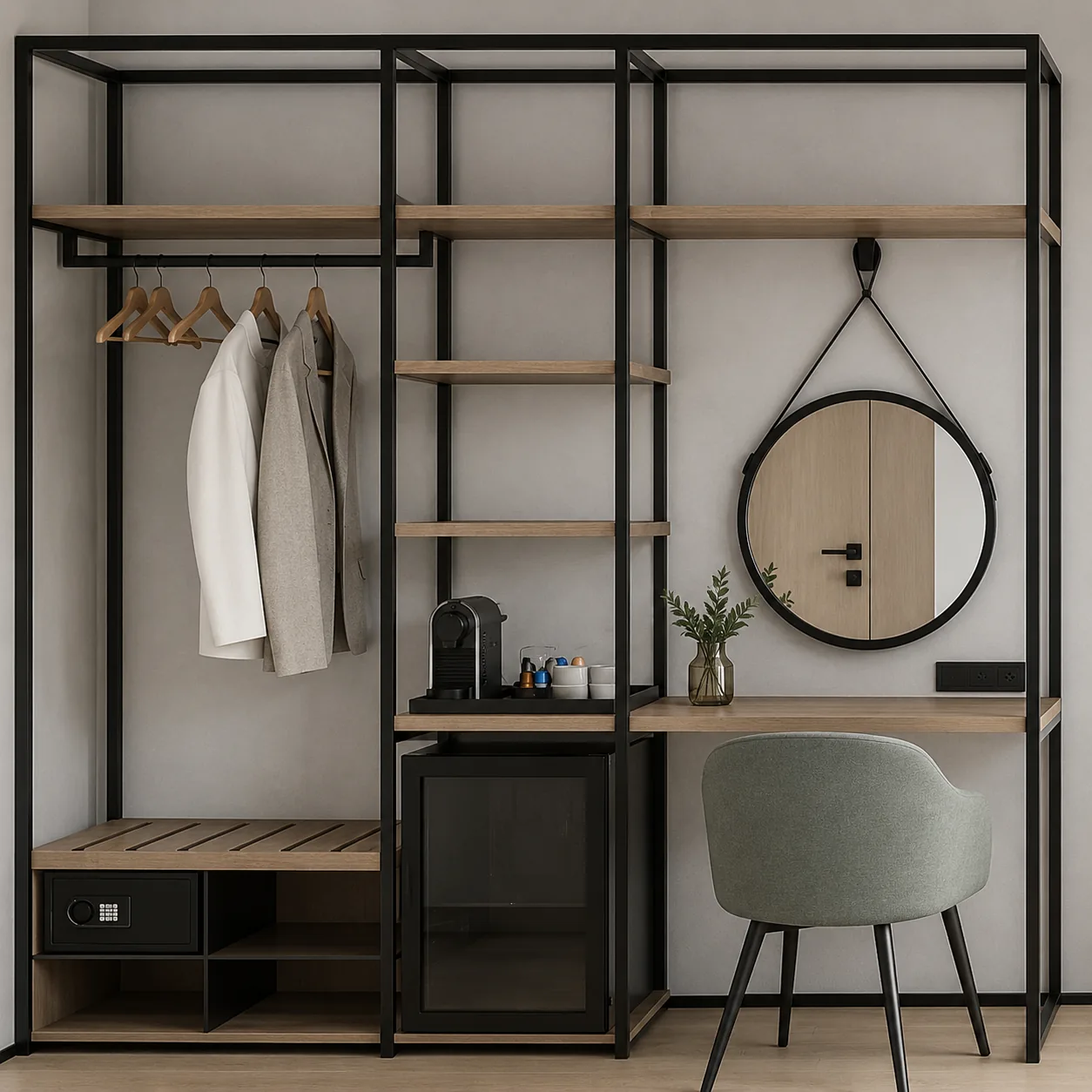 Hotel wardrobe featuring electronic safe and luggage storage