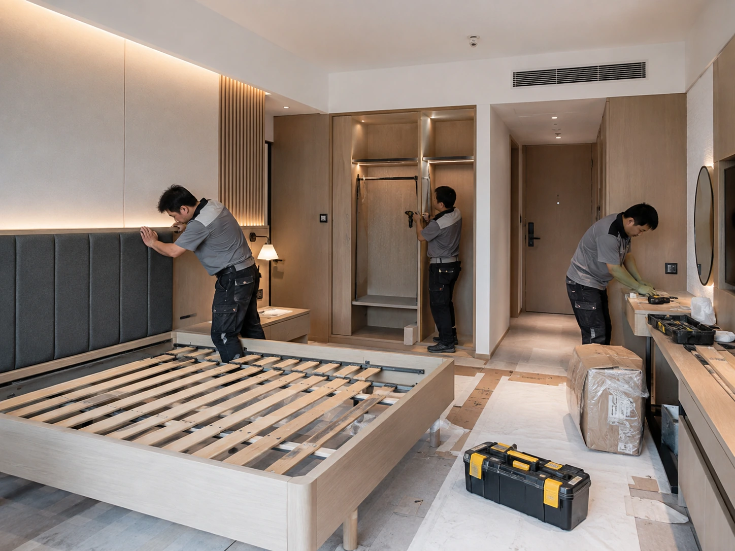 Trial assembly of hotel bedside table