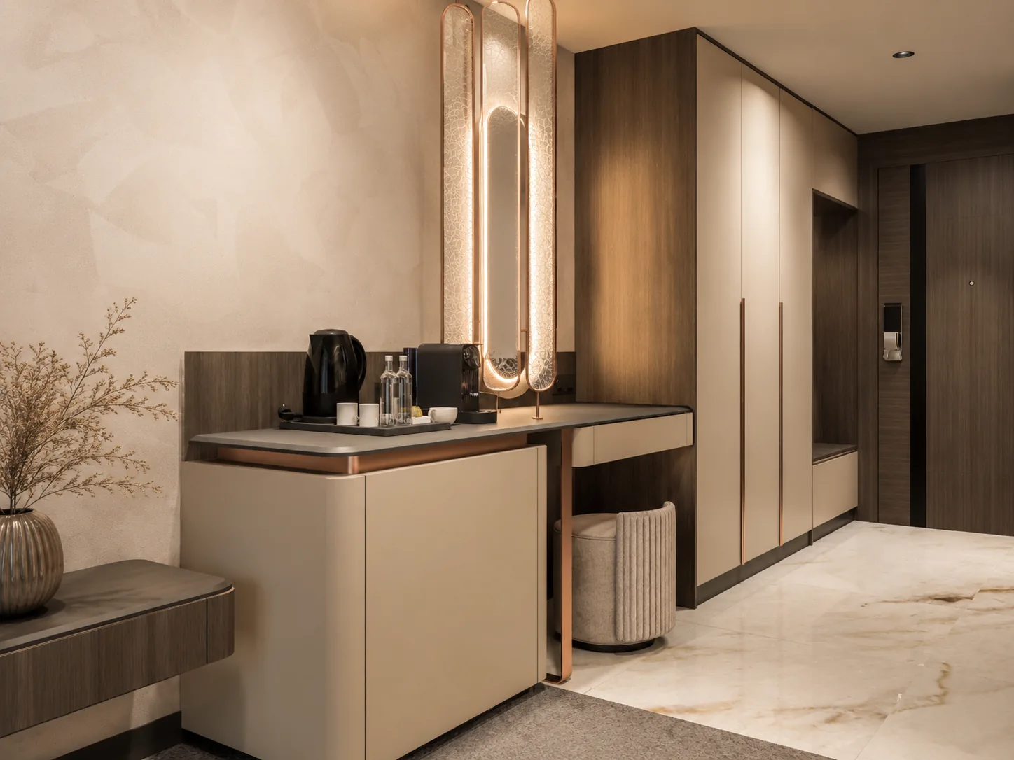 Hotel wardrobe integrated with minibar and tea station