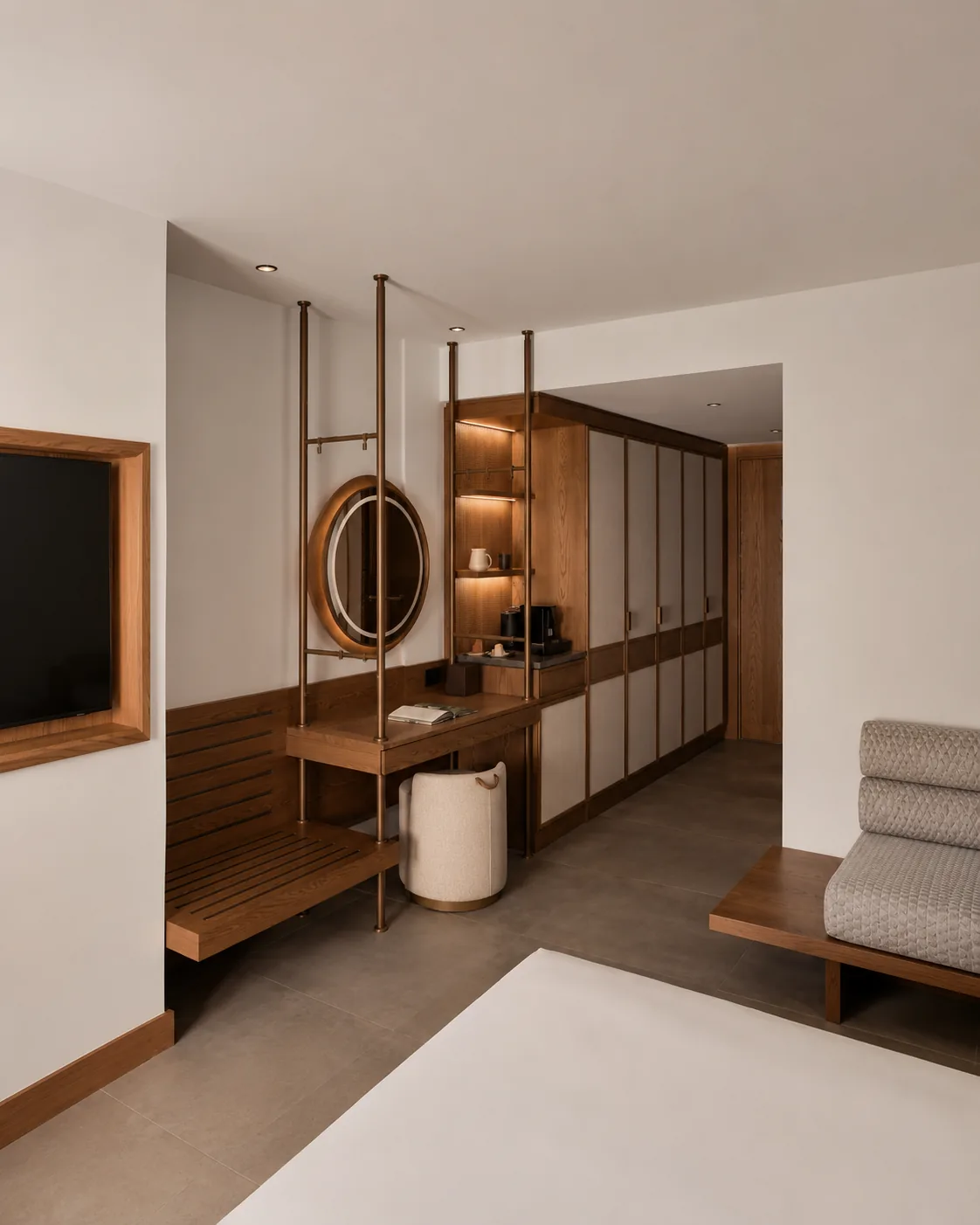 Hinged door hotel wardrobe with wood veneer finish