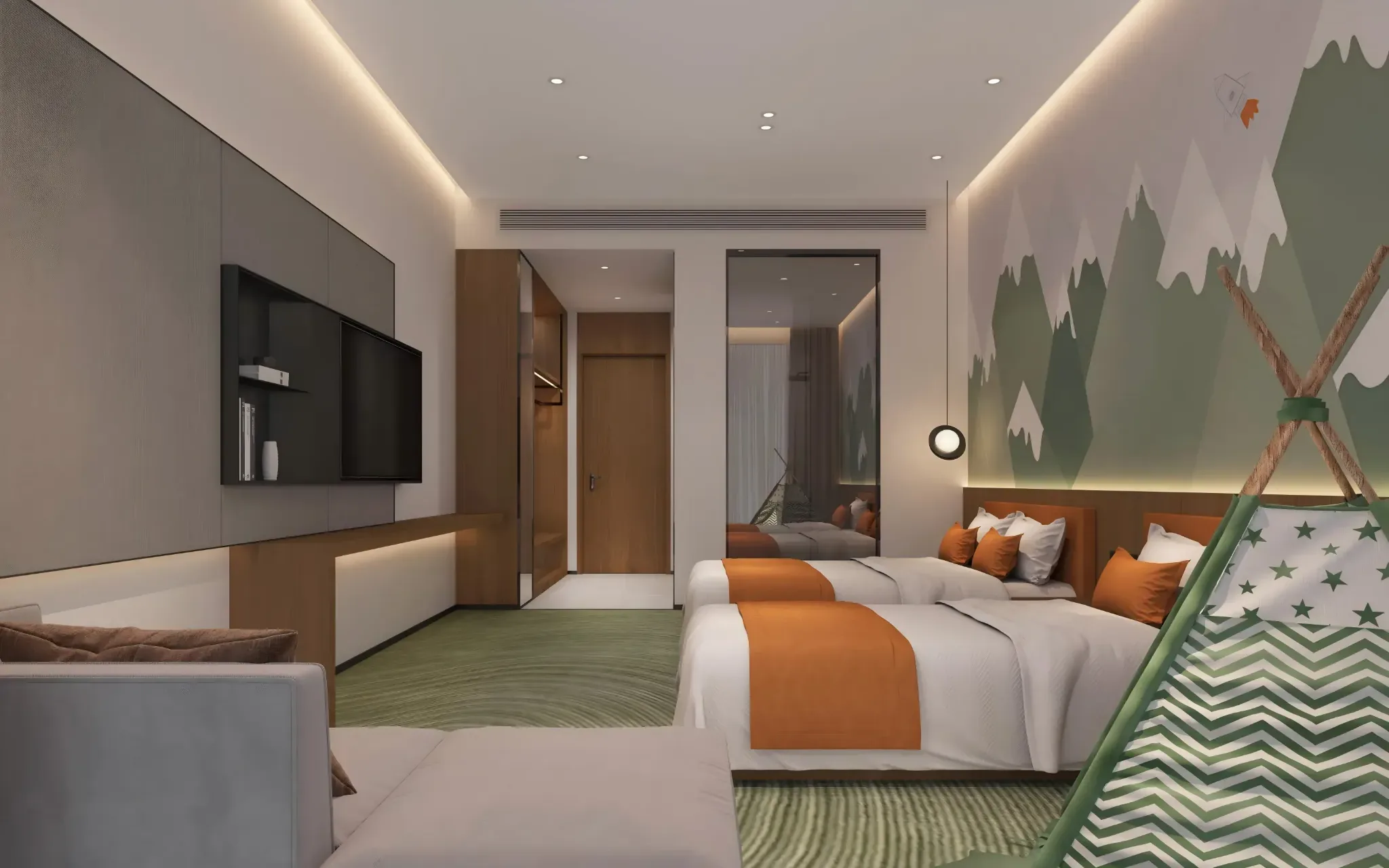 Complete hotel guest room furniture layout showing coordinated zones