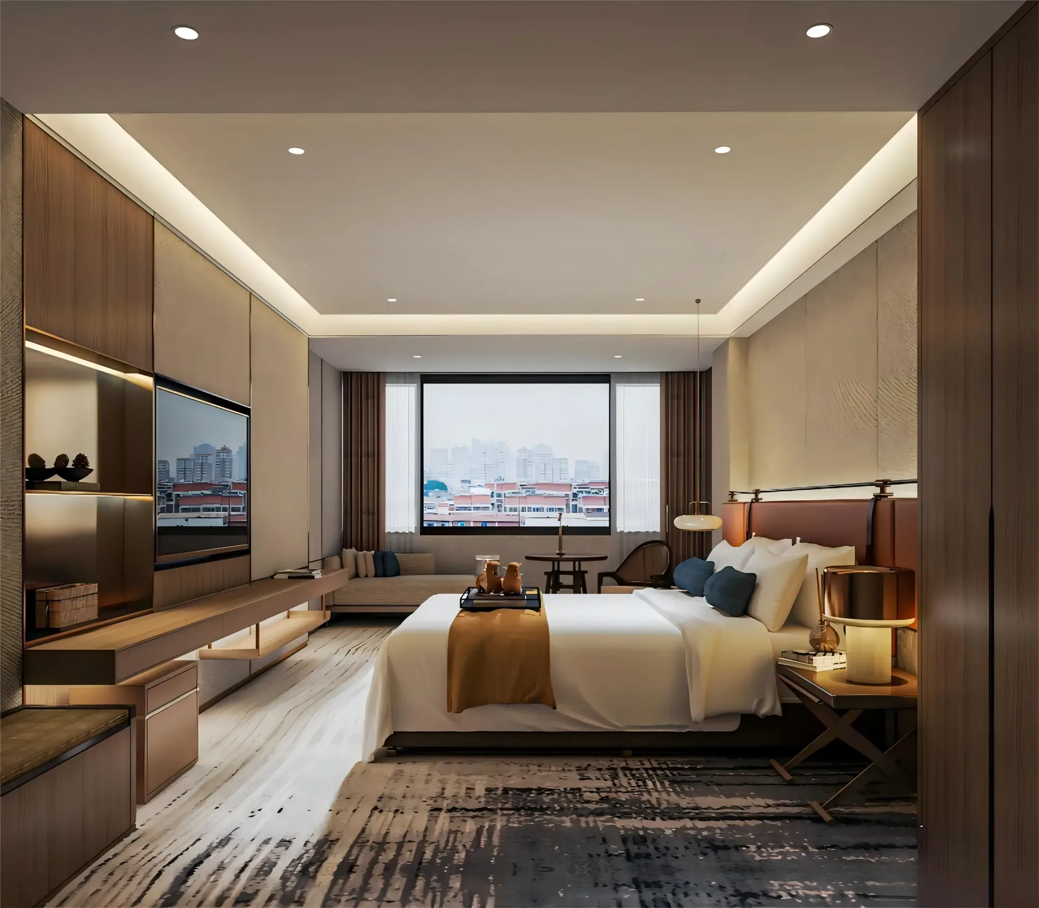 Complete 5-star hotel room showing fixed and loose furniture