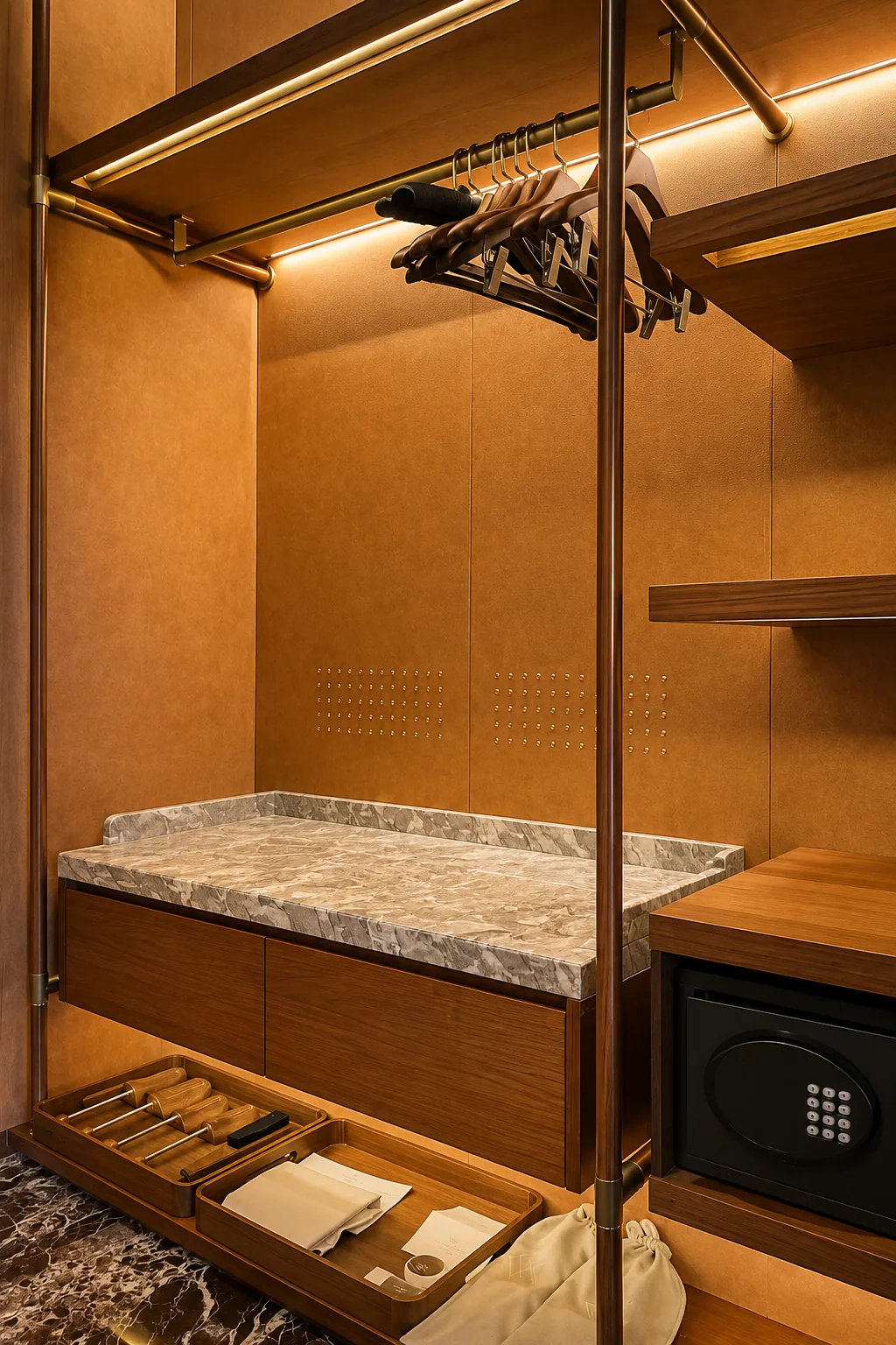 Internal structure of a custom hotel wardrobe showing hanging rails, safe, and luggage shelf