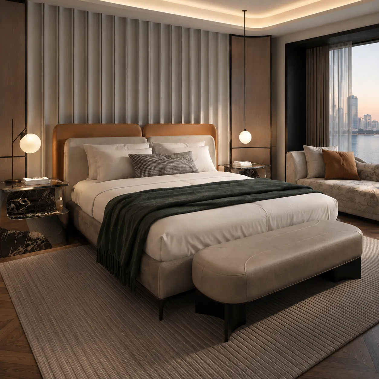 Complete hotel bed wall system showing headboard, nightstands, and lighting