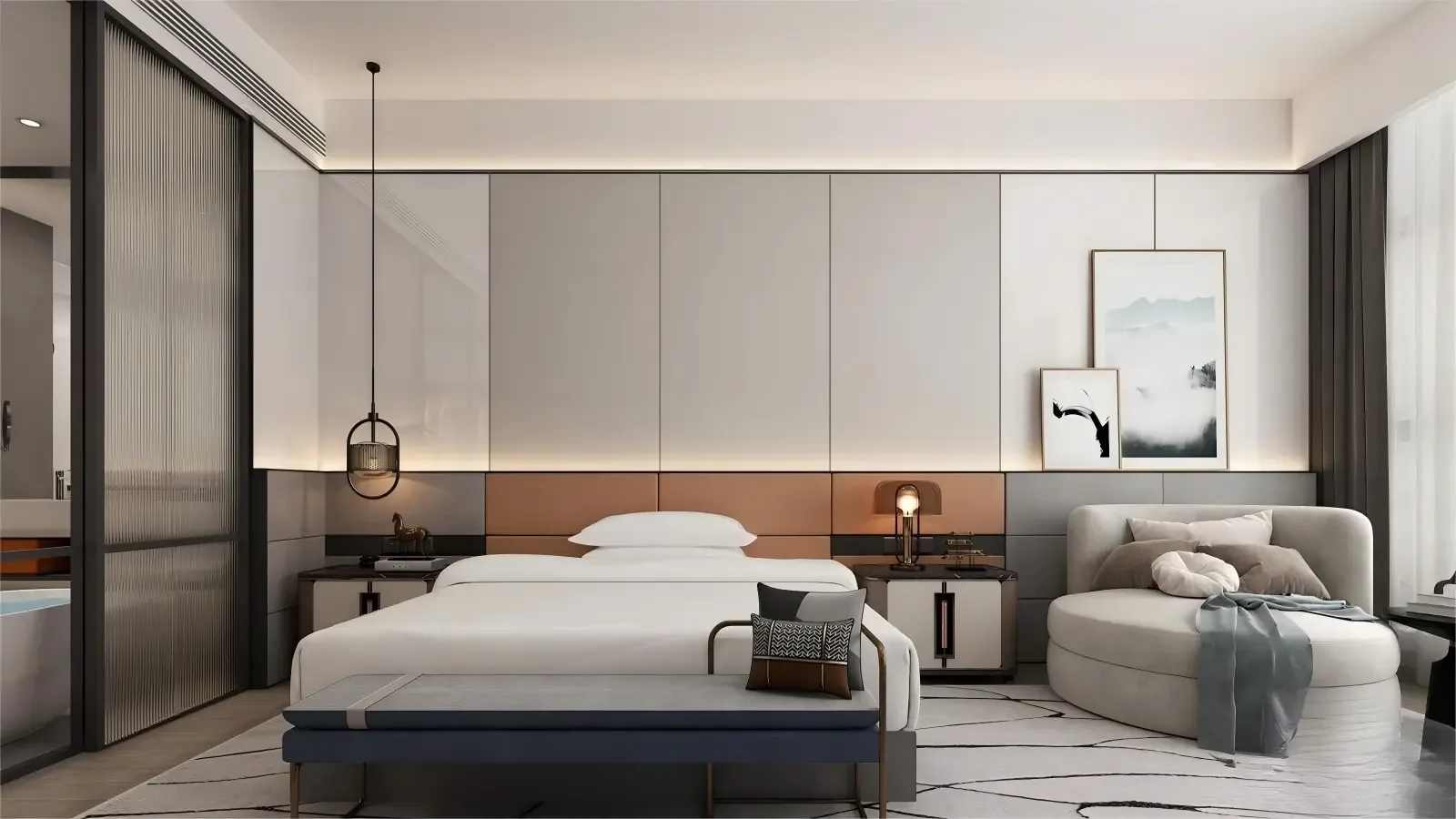 Full-wall headboard systems for luxury hotel suites