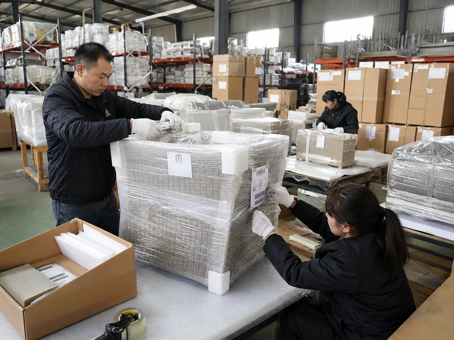 Packing and completed batch of hotel furniture