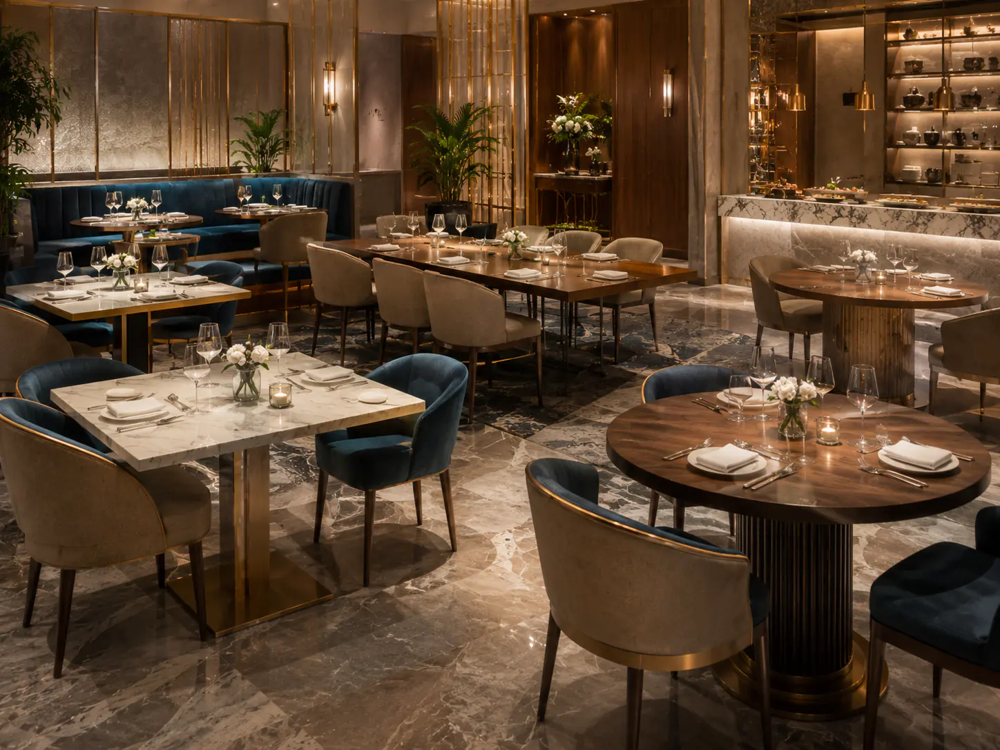 Hotel restaurant dining tables with solid wood and metal base